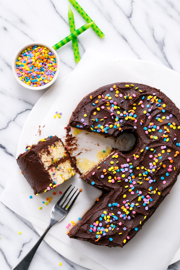 Giant Number Birthday Cake with Funfetti Layers and Fluffy Chocolate Buttercream