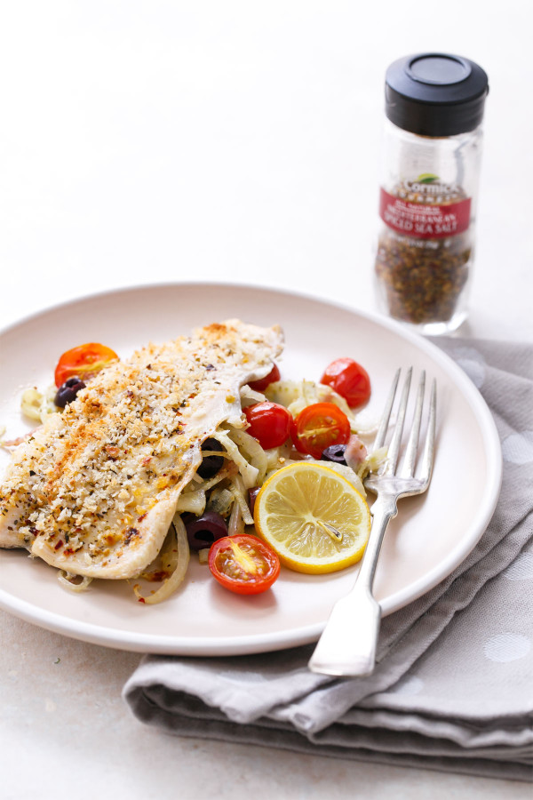 Mediterranean Baked Trout with Olives, Fennel & Tomatoes