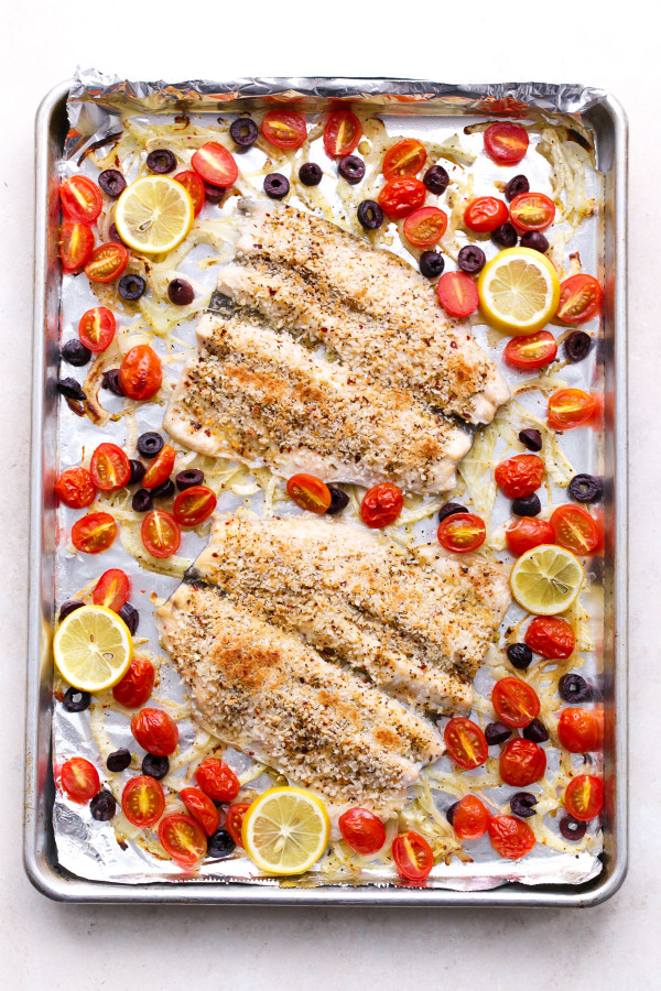 Mediterranean Baked Trout with Olives, Fennel & Tomatoes