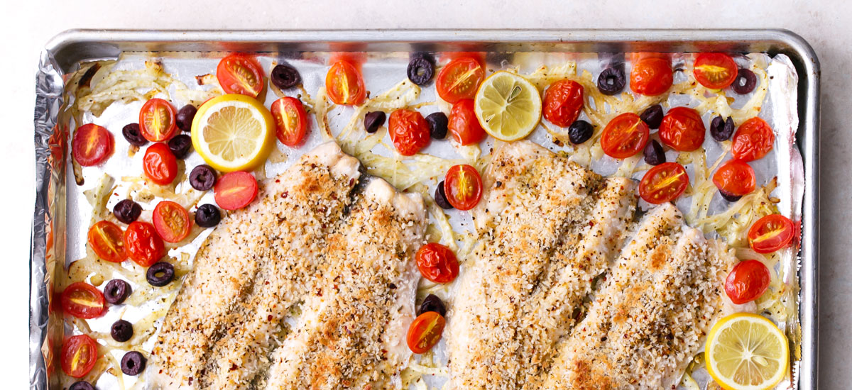 Mediterranean Baked Trout with Olives, Fennel & Tomatoes