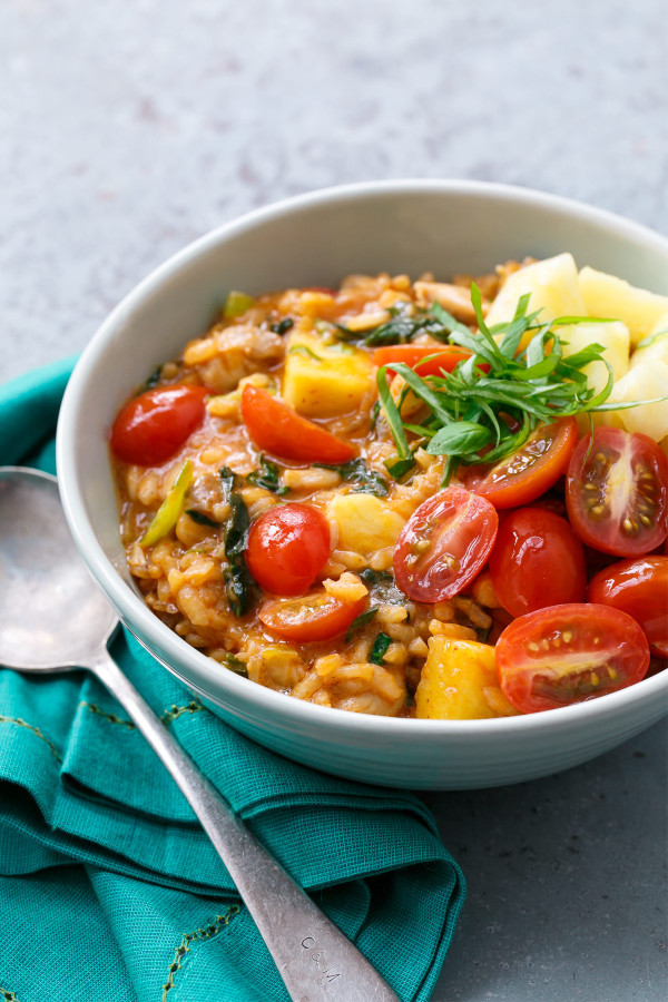 Thai Red Curry Risotto with Chicken, Tomatoes, and Pineapple