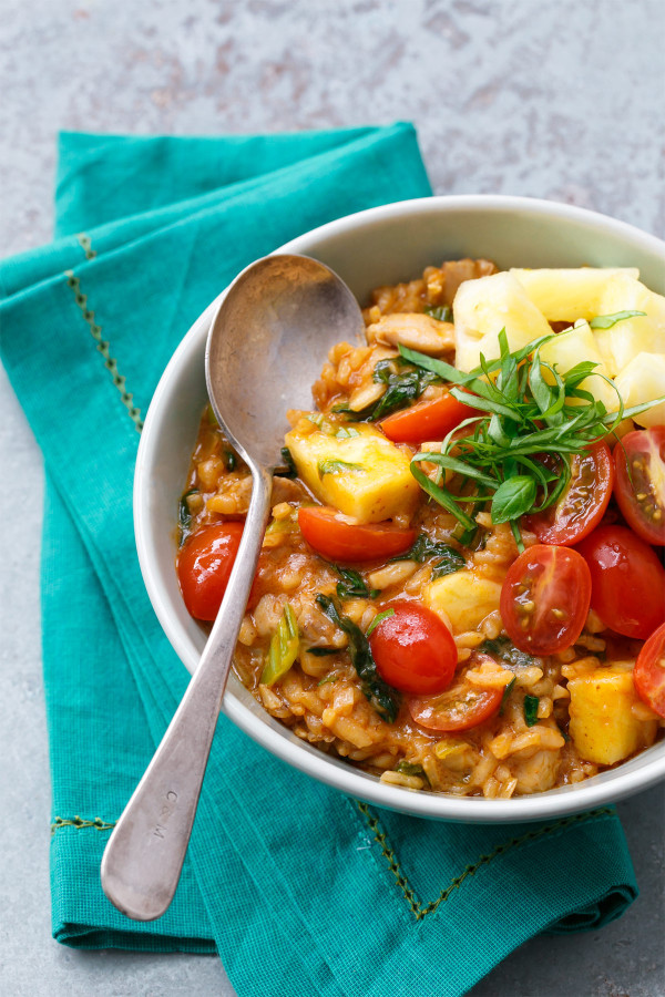 Thai Red Curry Risotto with Chicken, Tomatoes, and Pineapple