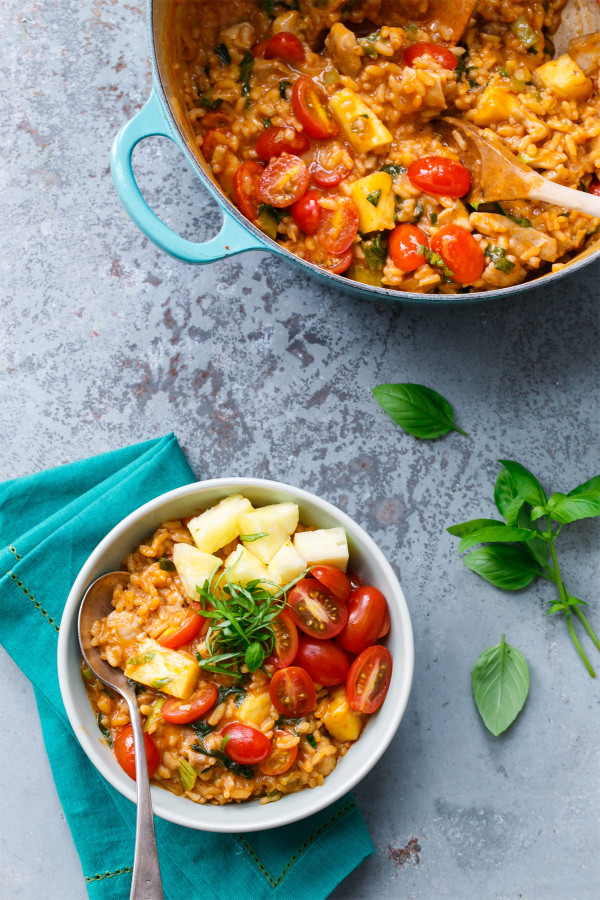 Thai Red Curry Risotto with Chicken, Tomatoes, and Pineapple