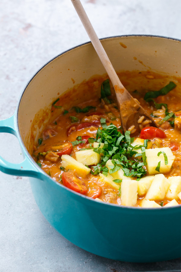 Thai Red Curry Risotto with Chicken, Tomatoes, and Pineapple