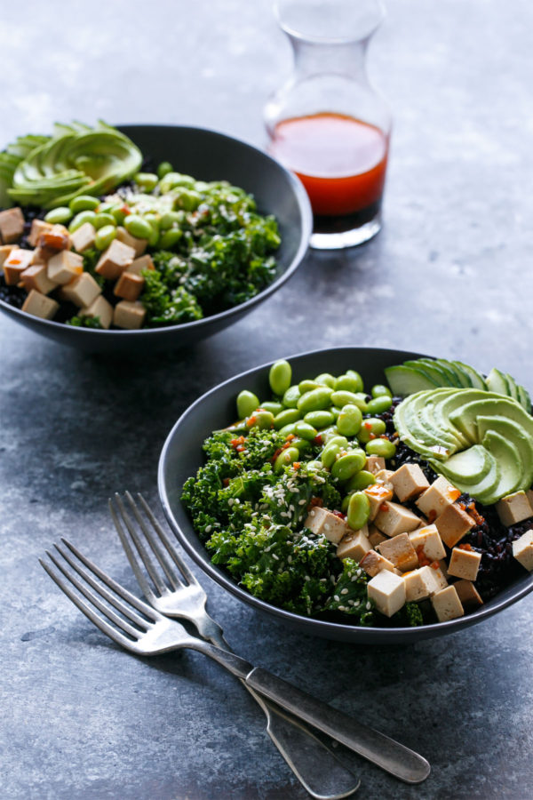 Sesame Sriracha Buddha Bowls with Black Rice and Massaged Kale - a healthy and protein-rich meal 