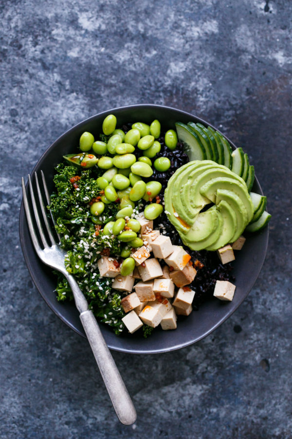 Forbidden Rice Buddha Bowls with Massaged Sesame Kale, Tofu, and Spicy Sriracha Vinaigrette