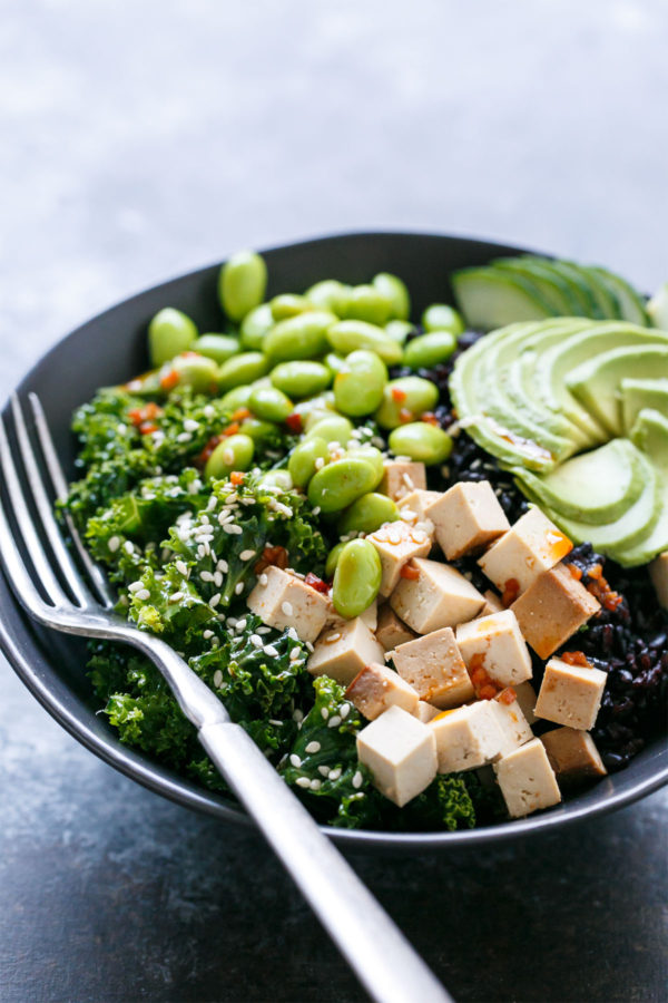 Healthy Buddha Bowl Recipe with Forbidden Black Rice and Sesame Sriracha Vinaigrette