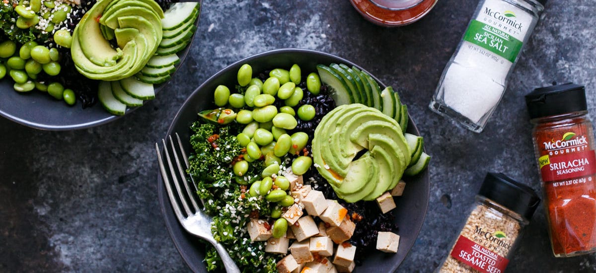 Sesame Sriracha Buddha Bowls with Black Rice, Baked Tofu, and Massaged Kale