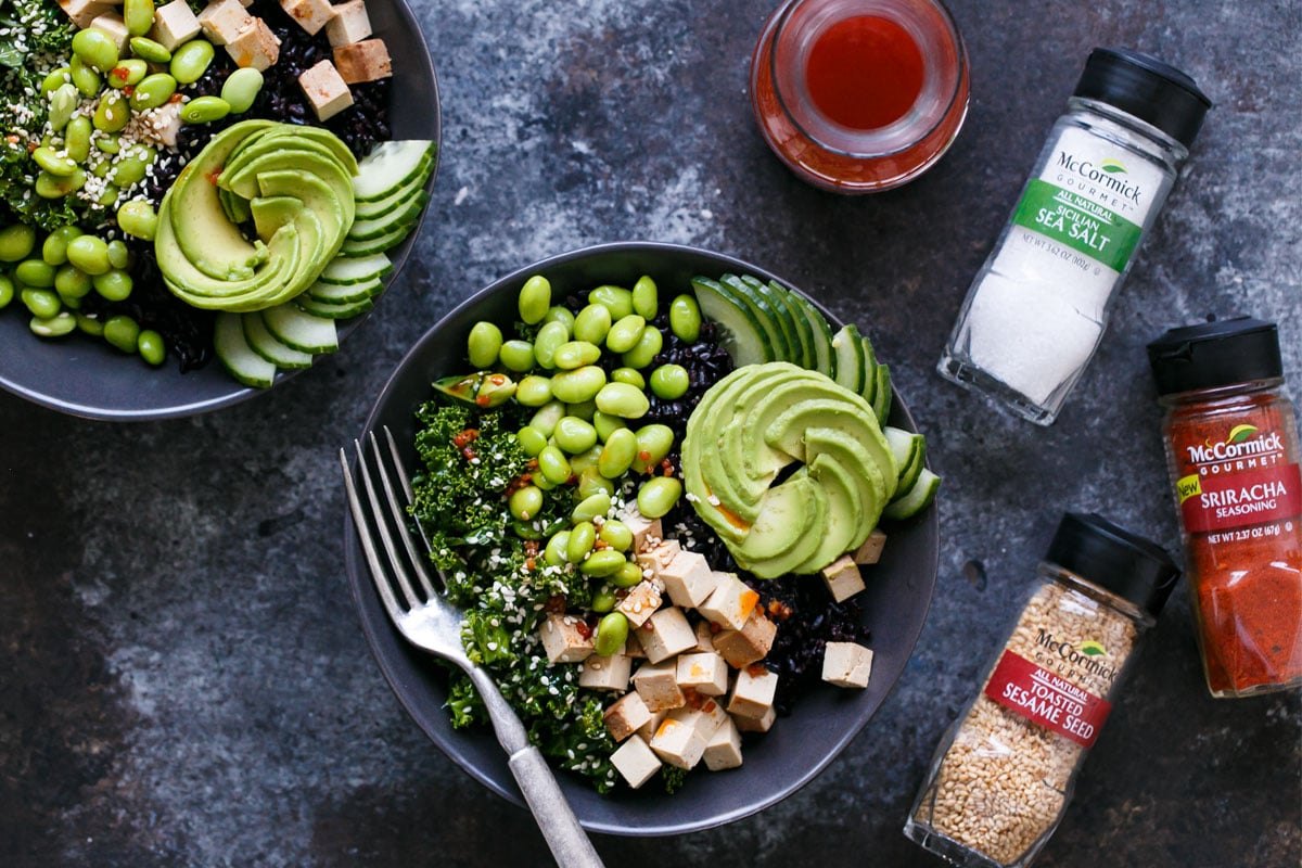 Sesame Sriracha Buddha Bowls with Black Rice and Sesame Kale