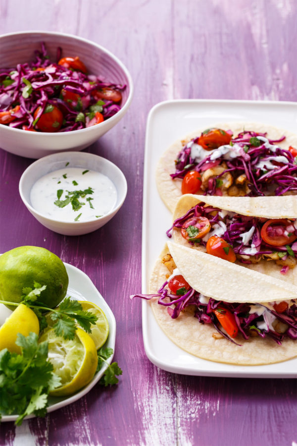 Mahi Mahi Fish Tacos with Tangy Red Cabbage "Slawsa" and Cilantro-Lime Sour Cream