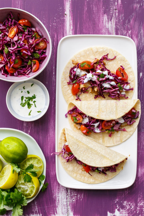 Mahi Mahi Fish Tacos with Tangy Red Cabbage "Slawsa" and Cilantro-Lime Sour Cream