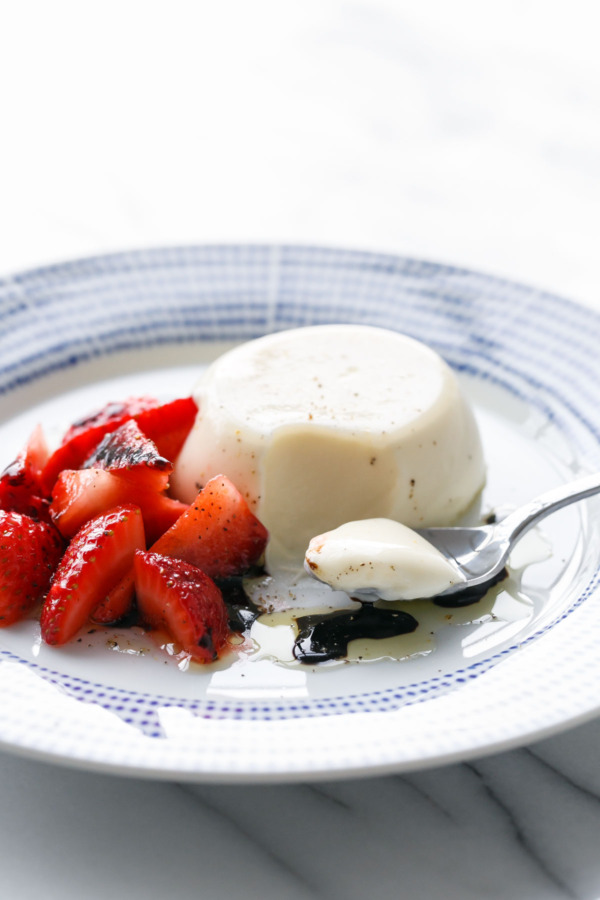 Bay Leaf Panna Cotta with Strawberries and Balsamic vinegar