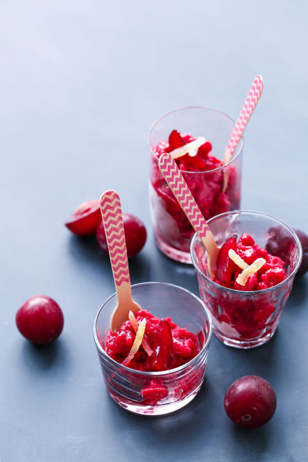 Ginger Plum Granita with Sugar Plums and Domaine de Canton Ginger Liqueur 