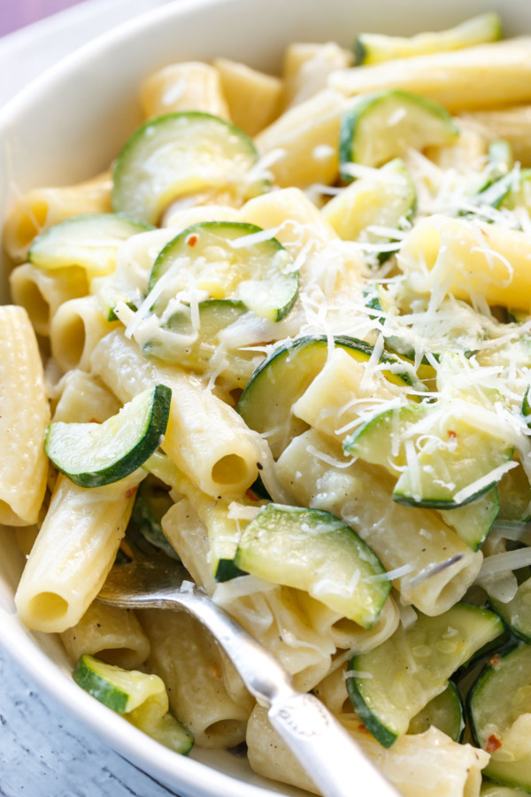 Creamy Spring Onion and Zucchini Rigatoni with Pecorino