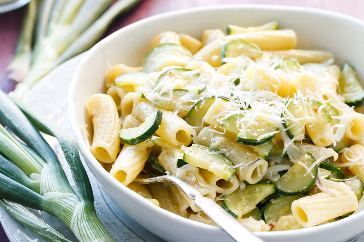 Creamy Spring Onion and Zucchini Rigatoni