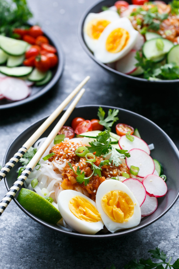 Cold Spicy Kimchi Noodles with Soft-Boiled Eggs