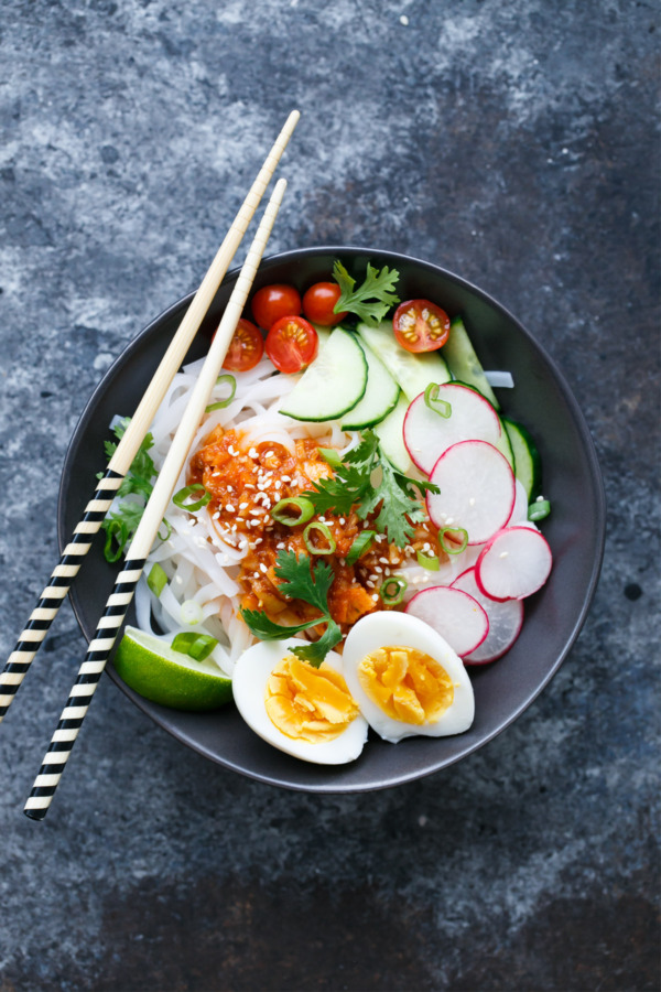 Cold Spicy Kimchi Noodles with Soft-Boiled Eggs