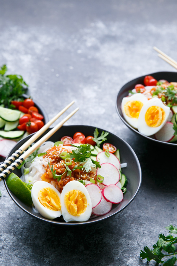 Cold Spicy Kimchi Noodles with Soft-Boiled Eggs