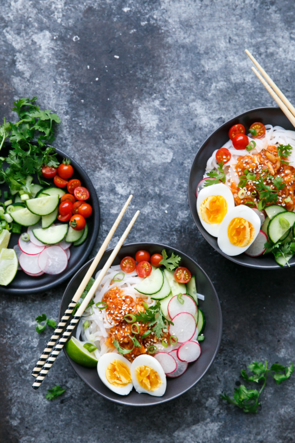 Cold Spicy Kimchi Noodles with Soft-Boiled Eggs