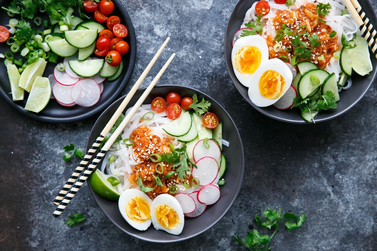 Cold Spicy Kimchi Noodles with Soft-Boiled Eggs
