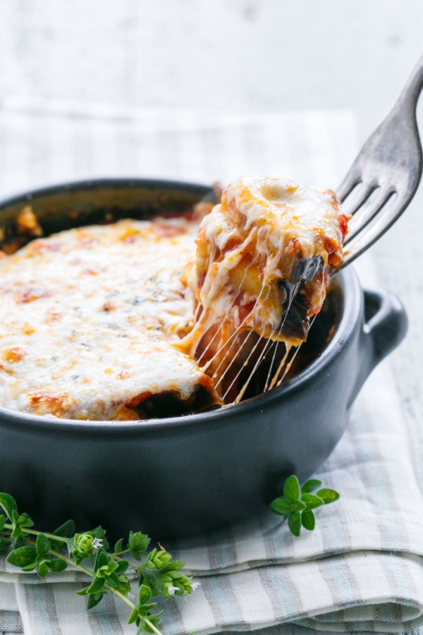 Single-Serving Eggplant Parmesan, baked not fried and full of melty mozzarella cheese