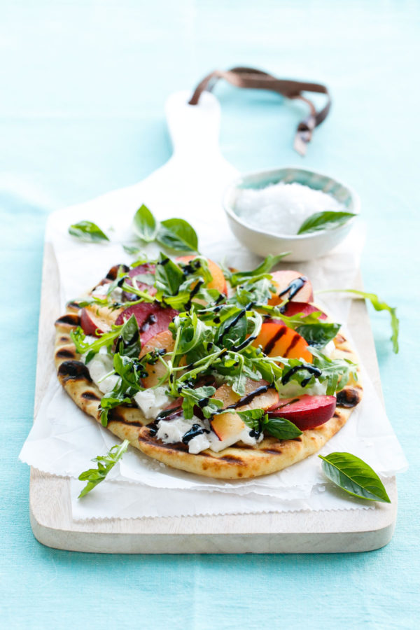 Plum and Burrata Flatbread with Basil, Arugula, and Balsamic Glaze