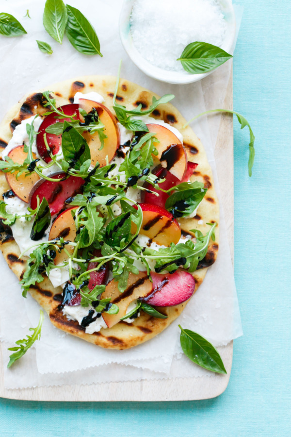 Red & Yellow Plum Flatbread with Burrata, Basil, Arugula, and Balsamic Glaze