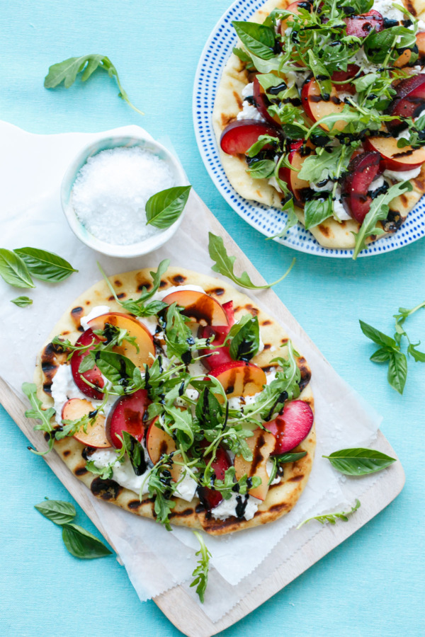 Plum and Burrata Flatbread with Basil, Arugula, and Balsamic Glaze