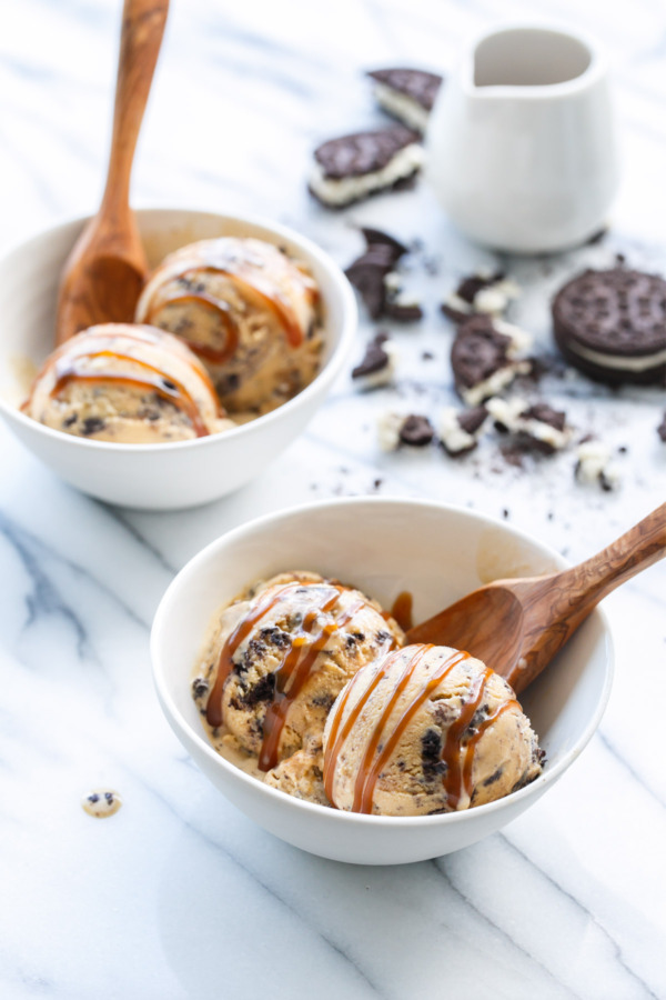 Salted Caramel Cookie Crunch Ice Cream with homemade caramel swirls.