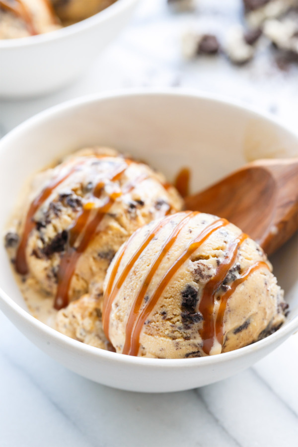 Salted Caramel Cookie Crunch Ice Cream with homemade caramel swirls.