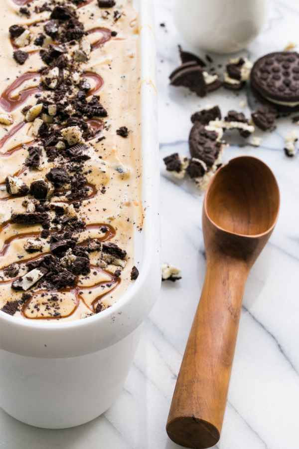 Salty caramel ice cream with crunchy chocolate cookies and a swirl of salted caramel.