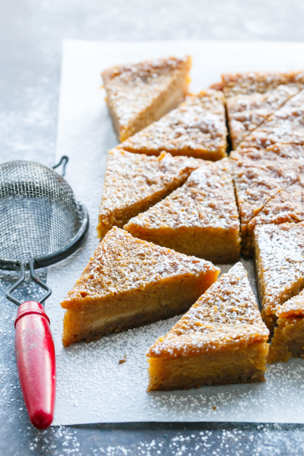 Pumpkin meets Chess Pie in this holiday pie bar recipe