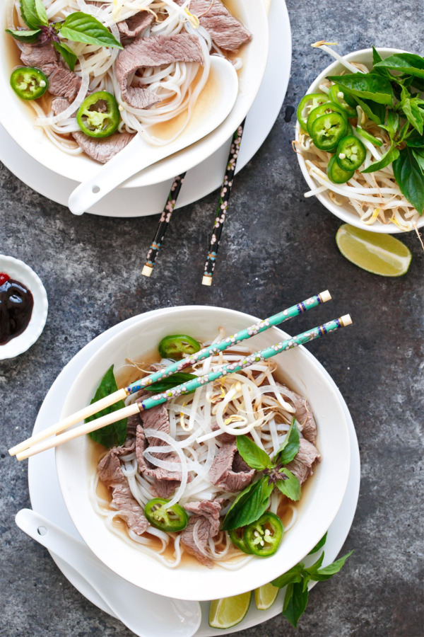 Quick Beef Pho with bean sprouts and thai basil