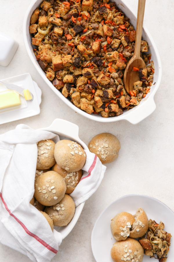 Italian Sausage & Caramelized Fennel Stuffing and Oat & Honey Multi-Grain Dinner Rolls