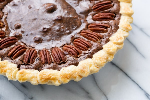 Chocolate Fudge Pecan Pie wtih decorative heart cut-out crust