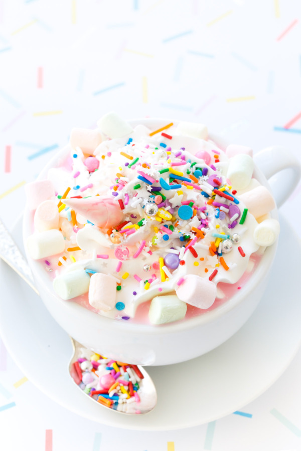 Unicorn Hot Chocolate with Edible Glitter and Marshmallows