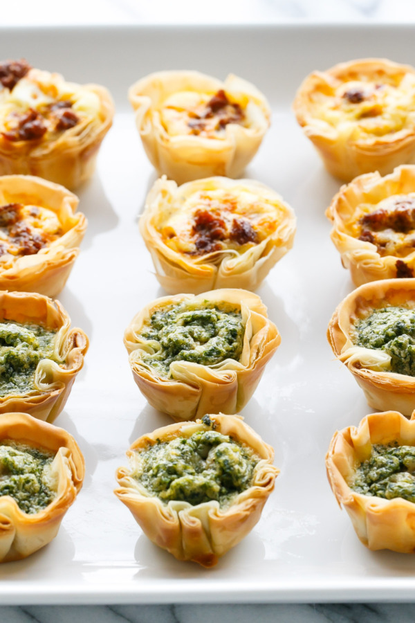 Pesto & Chorizo Mini Quiche Bites with Phyllo Crust - A perfect brunch appetizer recipe!