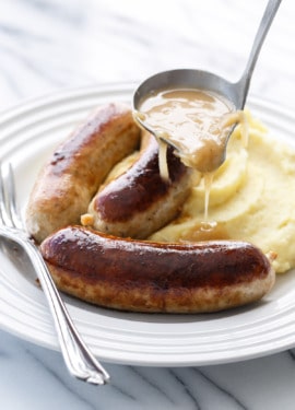 Homemade Chicken Sausages with Onion Gravy - From-Scratch Bangers 'n Mash!