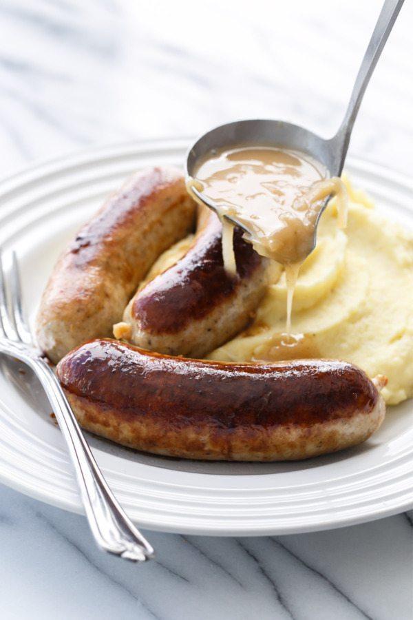 Homemade Chicken Sausages with Onion Gravy - From-Scratch Bangers 'n Mash!