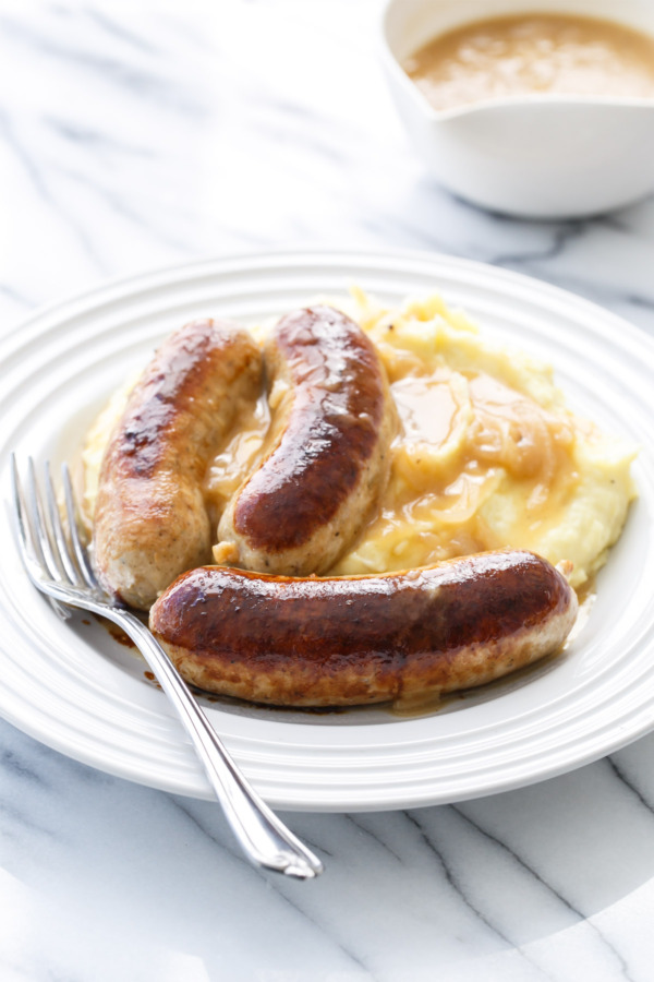 Homemade Chicken Bangers and Mash with Onion Gravy