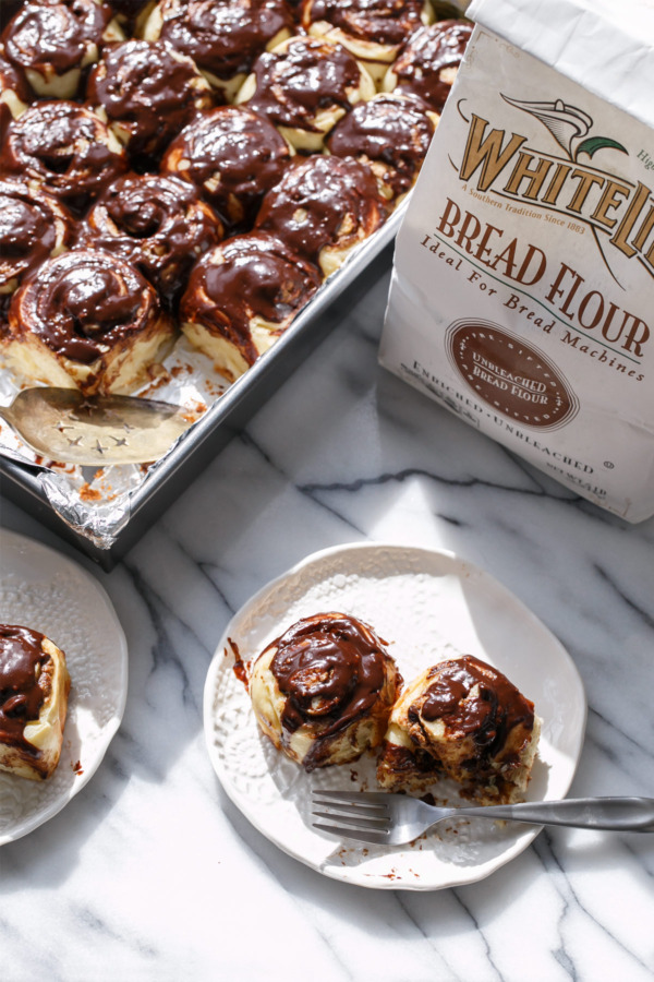 Mini Chocolate Peanut Butter Cinnamon Rolls made with bread flour for ultra soft and fluffy rolls!
