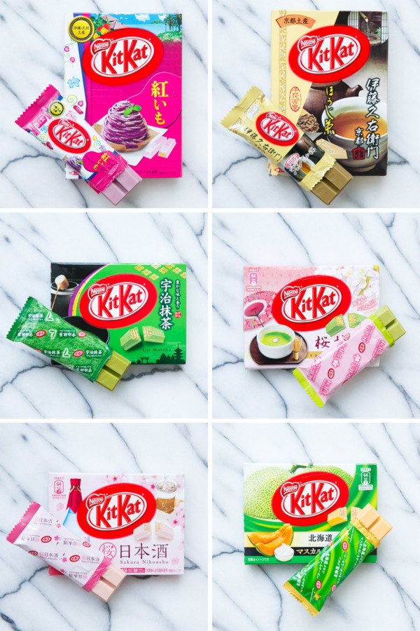 Crazy Japanese Kit Kat Flavors: Purple Sweet Potato, Hojicha Tea, Uji Matcha, Sakura Matcha, Sakura Sake, Melon)