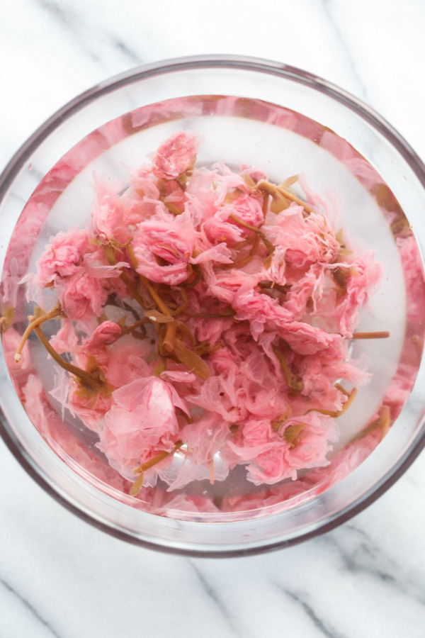 Pickled Cherry Blossoms - Soak in water to remove excess salt.