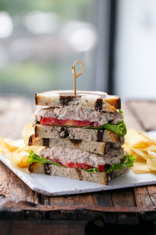 Easy lunch ideas: tuna salad sandwich on marble rye.