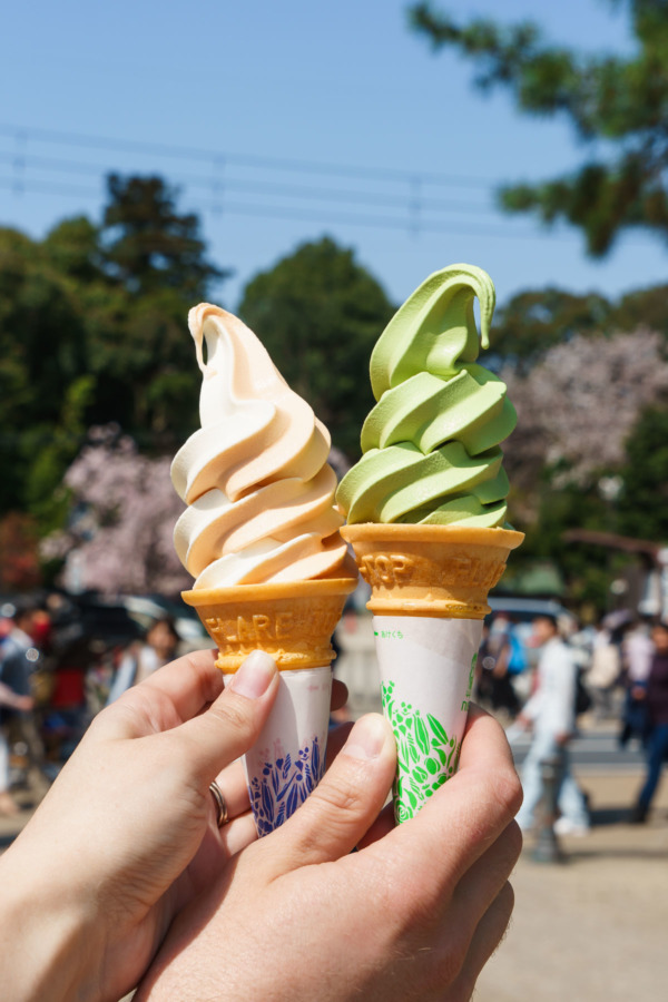 Melon and matcha soft serve, Nara, Japan