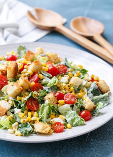 Chopped Summer Romaine Salad with Blue Cheese, Charred Corn, Cherry Tomatoes, and Homemade Croutons