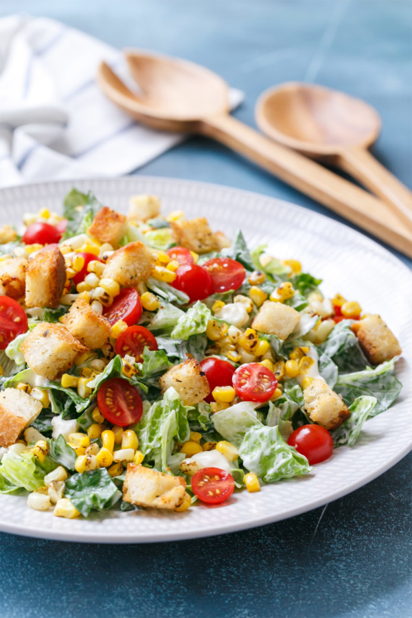 Chopped Summer Romaine Salad with Blue Cheese, Charred Corn, Cherry Tomatoes, and Homemade Croutons