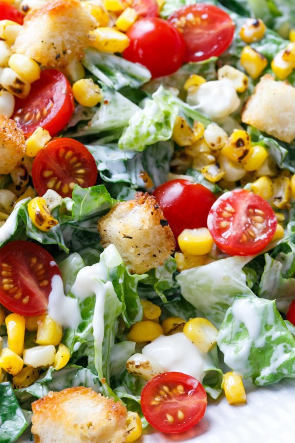 Chopped Summer Romaine Salad with Blue Cheese, Charred Corn, Cherry Tomatoes, and Homemade Croutons