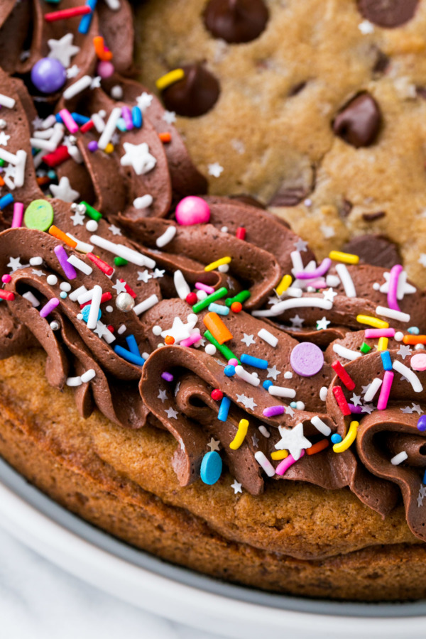 Giant Chocolate Chip Cookie Pie with Fudge Frosting