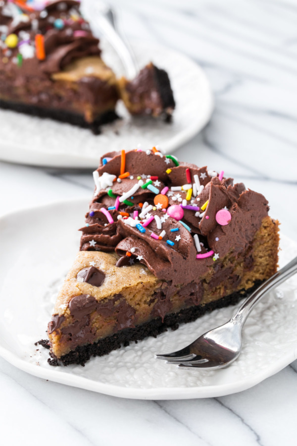Giant Chocolate Chip Cookie Pie with Chocolate Cookie Crust and Chocolate Buttercream